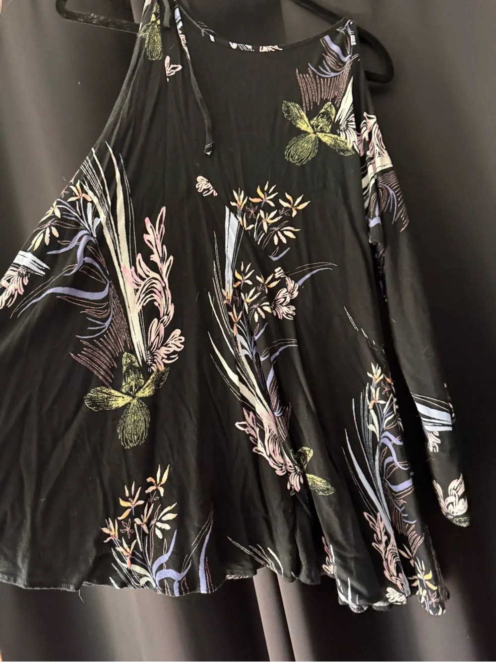 Free People Clear Skies Cold-Shoulder Black Floral Swing Dress/Tunic